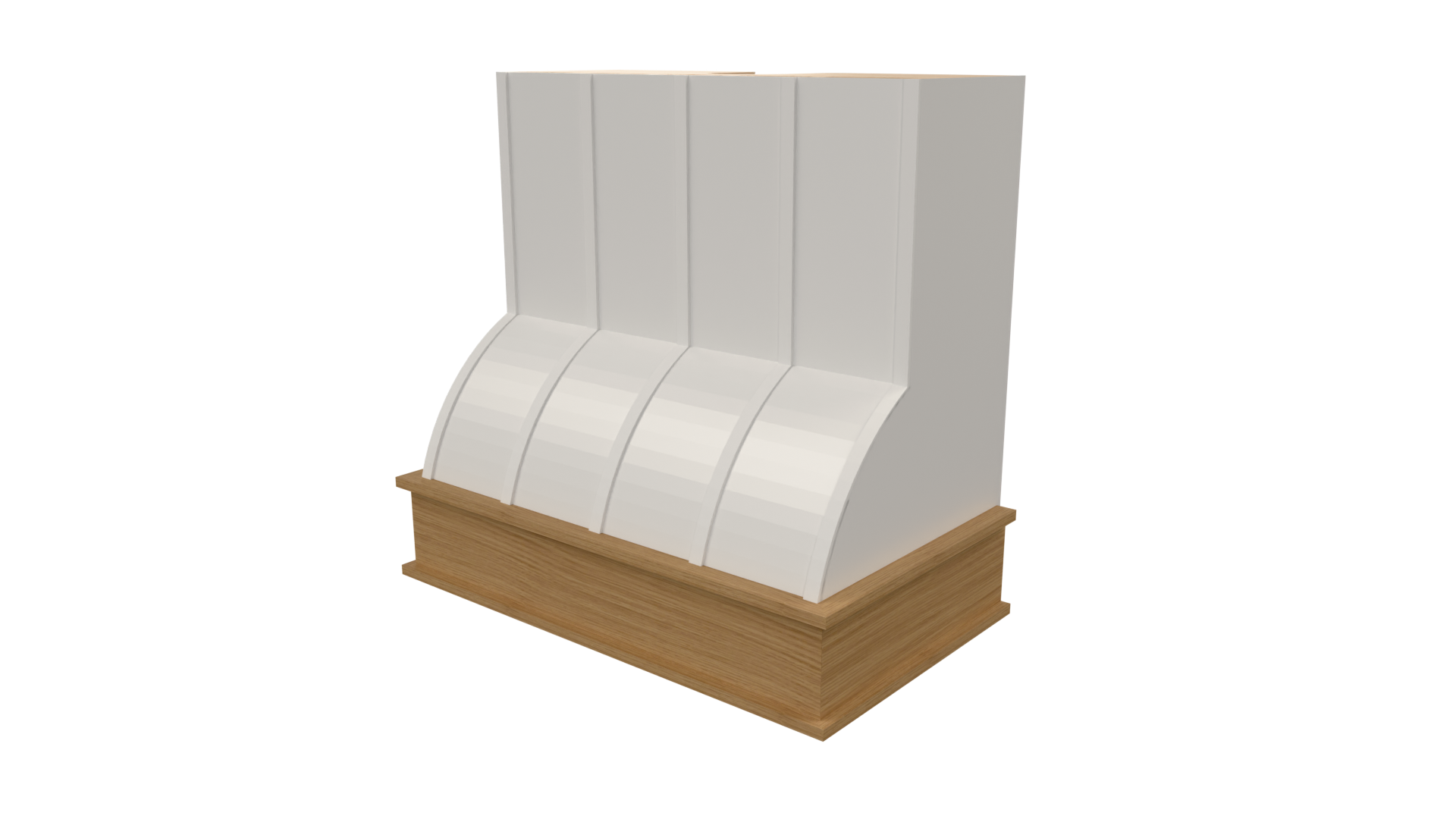 Front view of a ballast step range hood designed in Mozaik Software, featuring bold step transitions and balanced vertical proportions for a custom cabinet installation.
