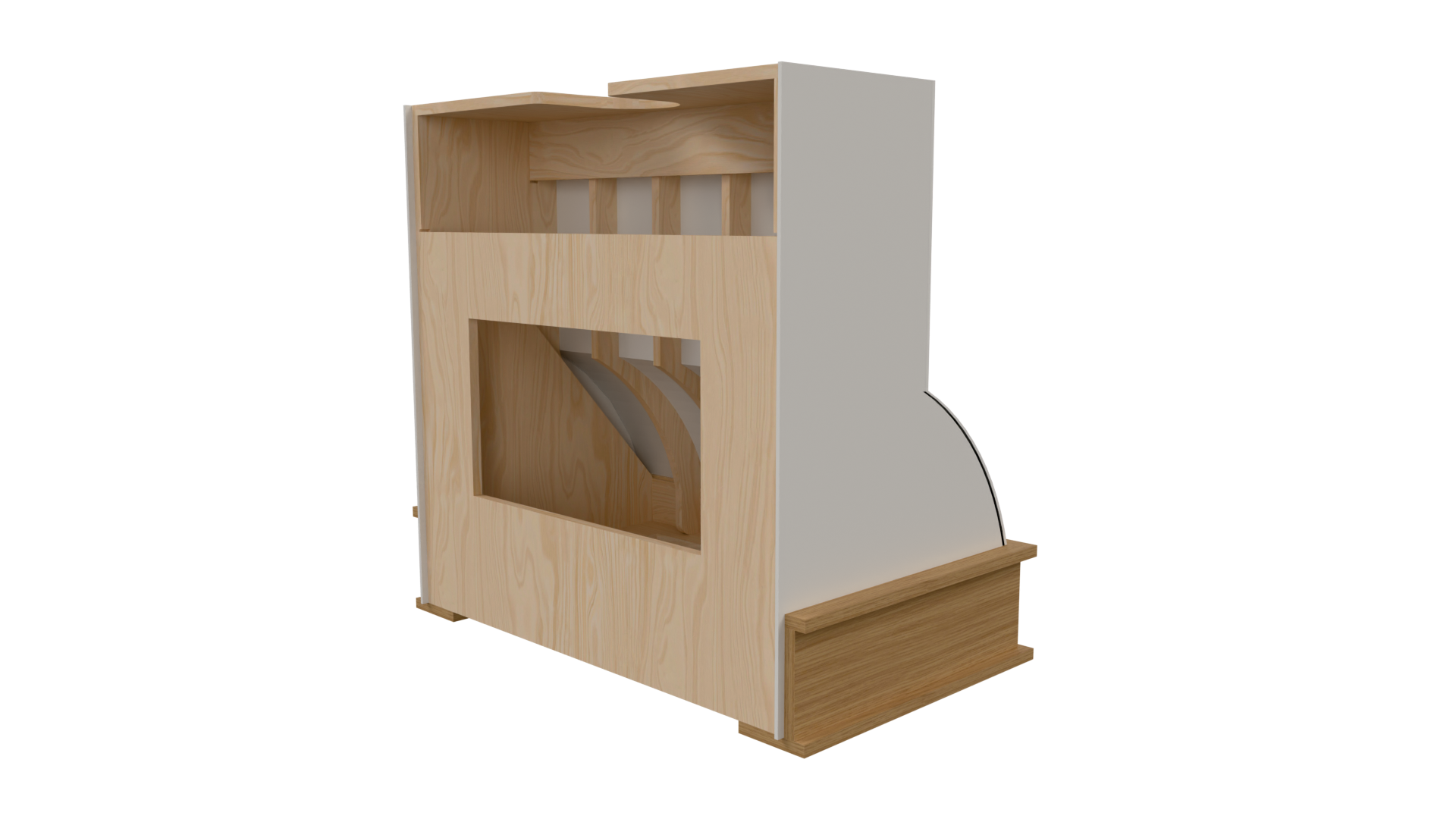Back view of the ballast step range hood in Mozaik Software, showing the internal structure and precise joinery layout optimized for CNC machining and shop fabrication.