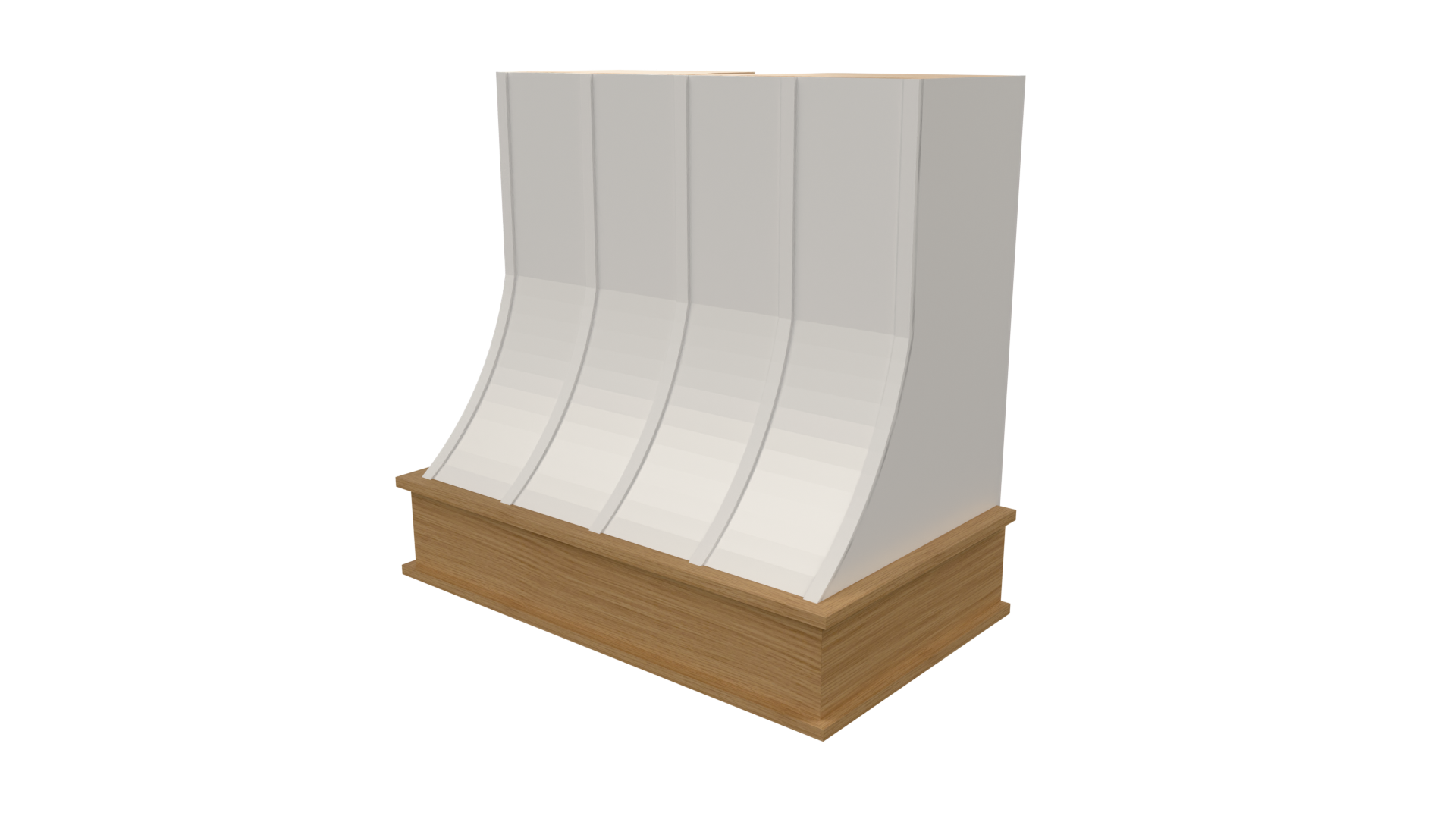 Front view of a curved step range hood designed in Mozaik Software, showing smooth curved front panels and stepped crown detail for a modern custom kitchen design.