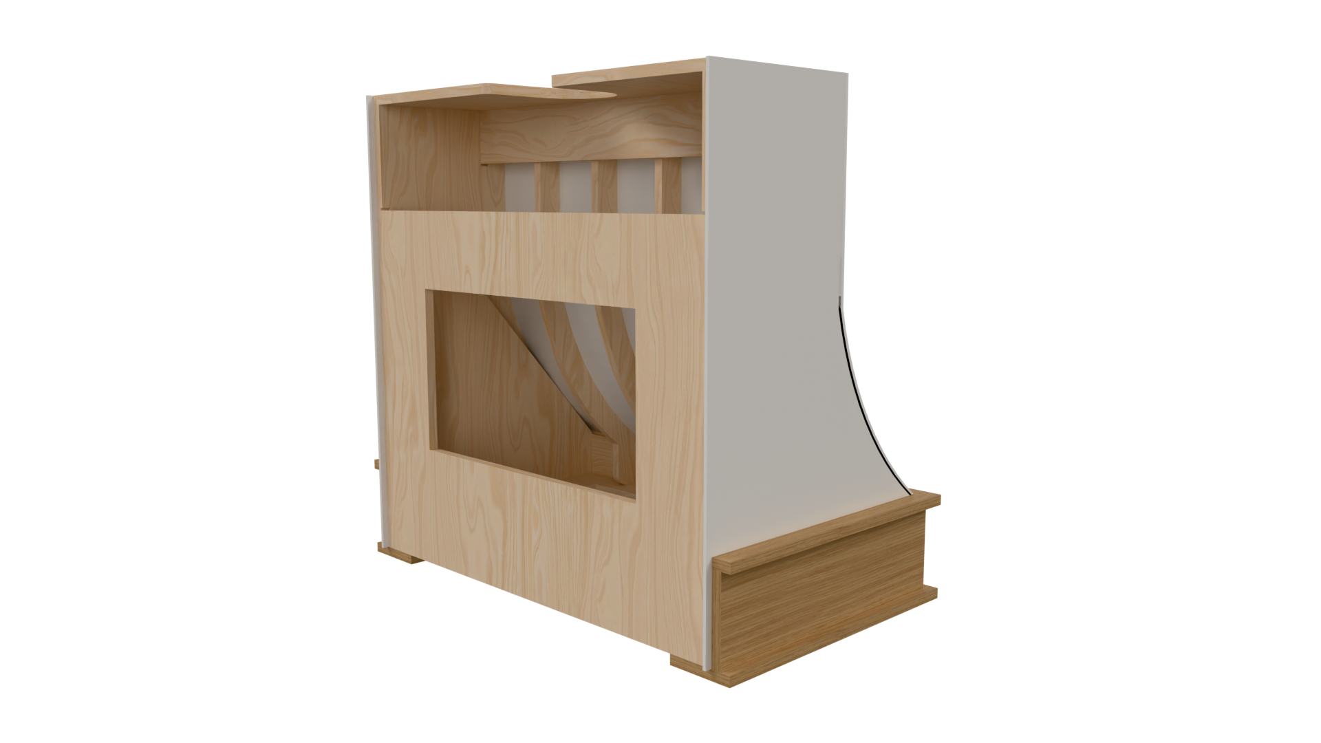 Back view of the curved step range hood in Mozaik Software, highlighting interior framing and precise joinery layout for shop-ready cabinet manufacturing.