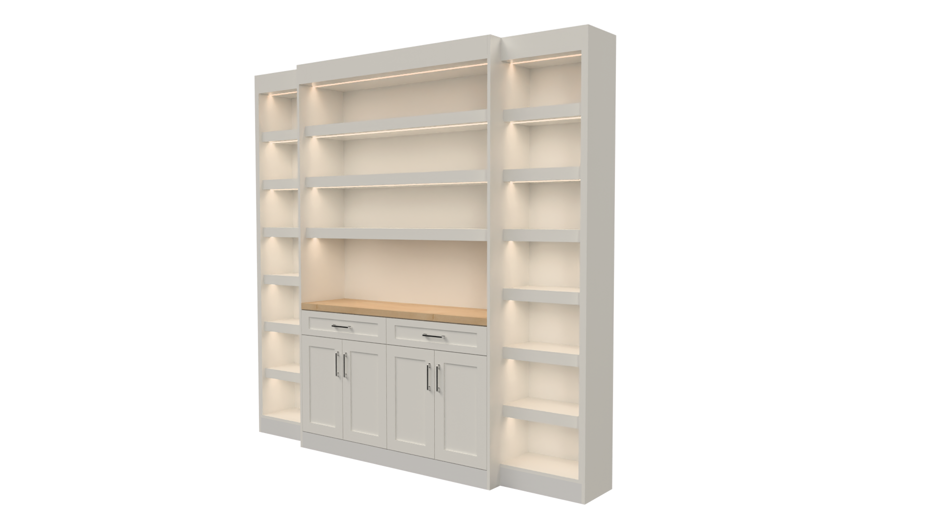 Front view of cabinets using the Mozaik Software Miterfold Shelves insert, showing evenly spaced shelves with visible dados and sleepers, plus an under-shelf LED channel.
